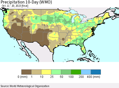 United States Precipitation 10-Day (WMO) Thematic Map For 10/11/2023 - 10/20/2023