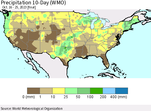 United States Precipitation 10-Day (WMO) Thematic Map For 10/16/2023 - 10/25/2023