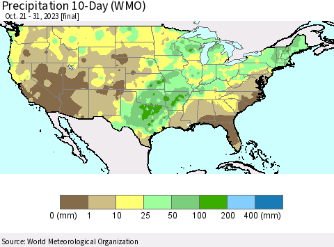 United States Precipitation 10-Day (WMO) Thematic Map For 10/21/2023 - 10/31/2023