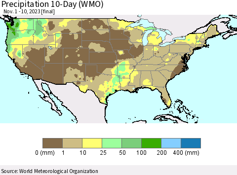 United States Precipitation 10-Day (WMO) Thematic Map For 11/1/2023 - 11/10/2023
