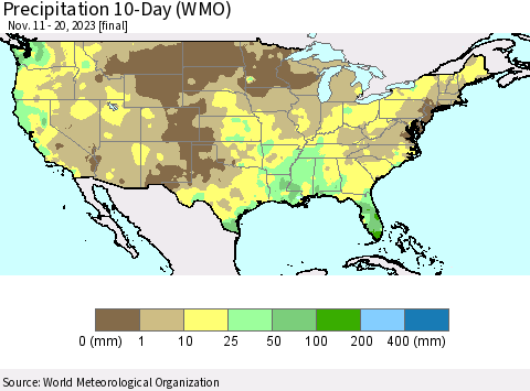 United States Precipitation 10-Day (WMO) Thematic Map For 11/11/2023 - 11/20/2023