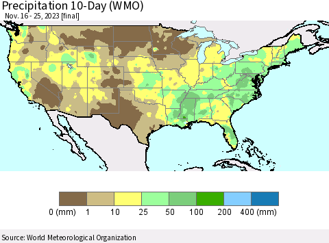 United States Precipitation 10-Day (WMO) Thematic Map For 11/16/2023 - 11/25/2023
