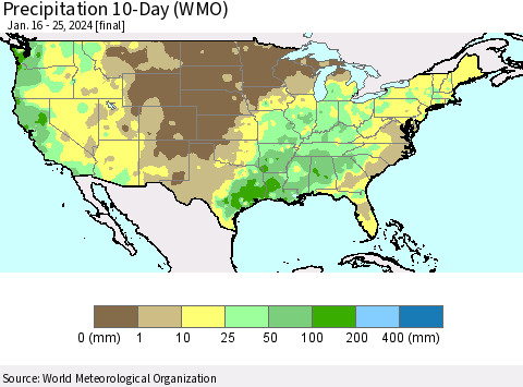United States Precipitation 10-Day (WMO) Thematic Map For 1/16/2024 - 1/25/2024