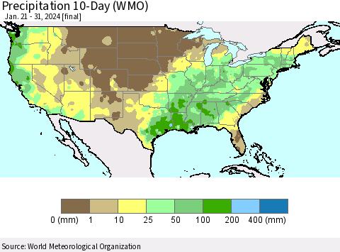 United States Precipitation 10-Day (WMO) Thematic Map For 1/21/2024 - 1/31/2024