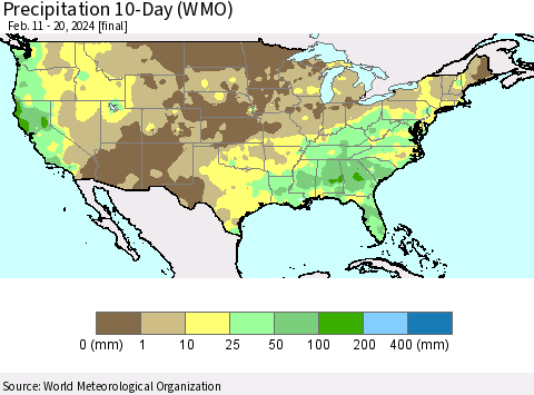 United States Precipitation 10-Day (WMO) Thematic Map For 2/11/2024 - 2/20/2024
