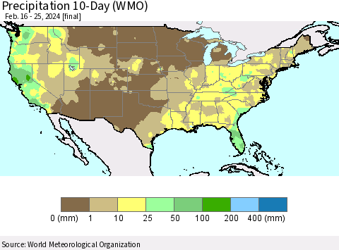 United States Precipitation 10-Day (WMO) Thematic Map For 2/16/2024 - 2/25/2024