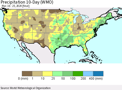 United States Precipitation 10-Day (WMO) Thematic Map For 3/16/2024 - 3/25/2024