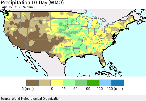United States Precipitation 10-Day (WMO) Thematic Map For 4/16/2024 - 4/25/2024