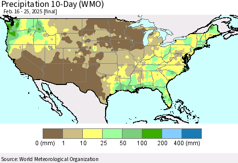 United States Precipitation 10-Day (WMO) Thematic Map For 2/16/2025 - 2/25/2025