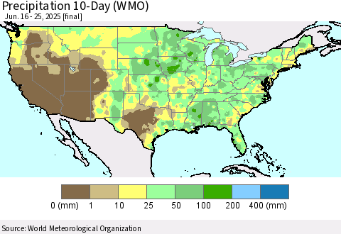 United States Precipitation 10-Day (WMO) Thematic Map For 6/16/2025 - 6/25/2025