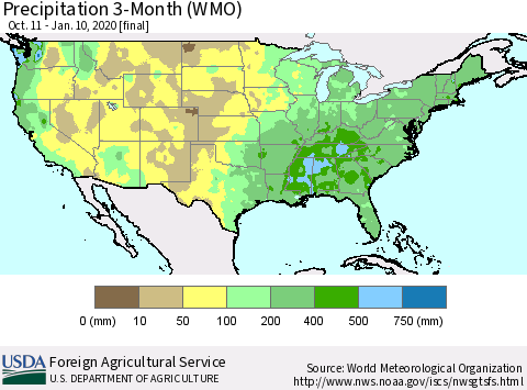 United States Precipitation 3-Month (WMO) Thematic Map For 10/11/2019 - 1/10/2020