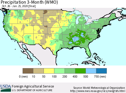 United States Precipitation 3-Month (WMO) Thematic Map For 10/26/2019 - 1/25/2020