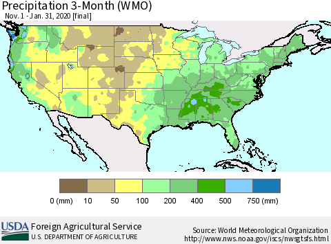 United States Precipitation 3-Month (WMO) Thematic Map For 11/1/2019 - 1/31/2020