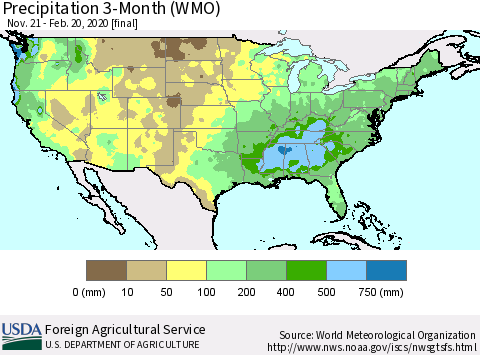 United States Precipitation 3-Month (WMO) Thematic Map For 11/21/2019 - 2/20/2020