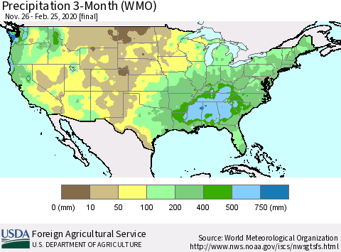 United States Precipitation 3-Month (WMO) Thematic Map For 11/26/2019 - 2/25/2020