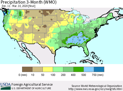 United States Precipitation 3-Month (WMO) Thematic Map For 12/11/2019 - 3/10/2020
