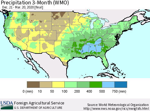 United States Precipitation 3-Month (WMO) Thematic Map For 12/21/2019 - 3/20/2020