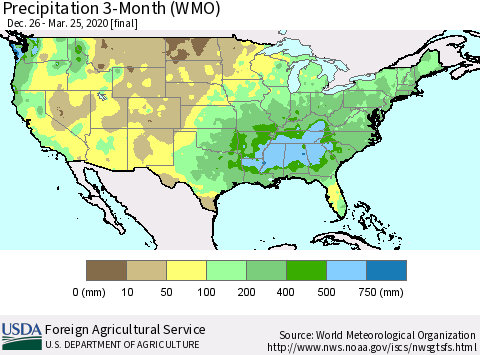 United States Precipitation 3-Month (WMO) Thematic Map For 12/26/2019 - 3/25/2020