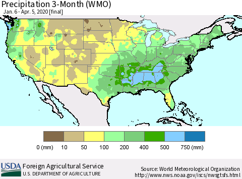 United States Precipitation 3-Month (WMO) Thematic Map For 1/6/2020 - 4/5/2020