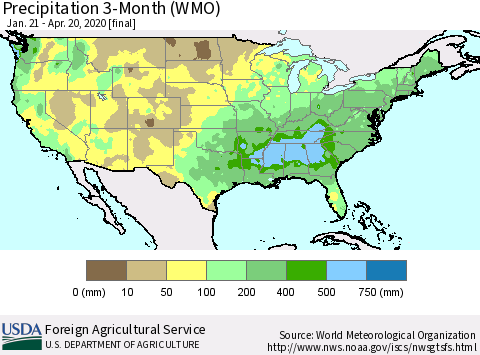 United States Precipitation 3-Month (WMO) Thematic Map For 1/21/2020 - 4/20/2020