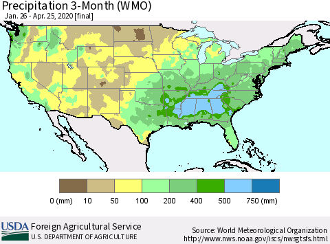 United States Precipitation 3-Month (WMO) Thematic Map For 1/26/2020 - 4/25/2020