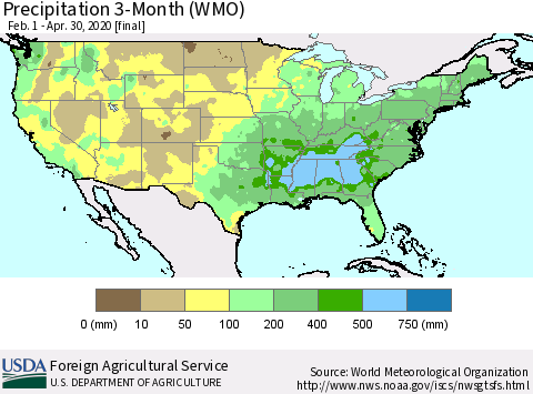 United States Precipitation 3-Month (WMO) Thematic Map For 2/1/2020 - 4/30/2020