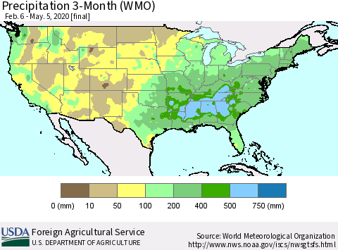 United States Precipitation 3-Month (WMO) Thematic Map For 2/6/2020 - 5/5/2020