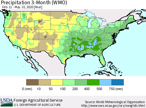 United States Precipitation 3-Month (WMO) Thematic Map For 2/11/2020 - 5/10/2020