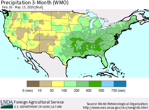 United States Precipitation 3-Month (WMO) Thematic Map For 2/16/2020 - 5/15/2020