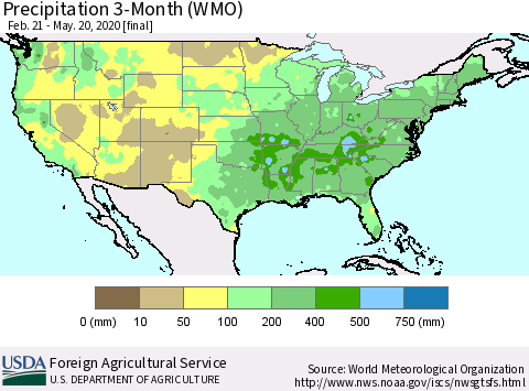 United States Precipitation 3-Month (WMO) Thematic Map For 2/21/2020 - 5/20/2020
