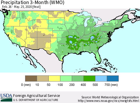 United States Precipitation 3-Month (WMO) Thematic Map For 2/26/2020 - 5/25/2020