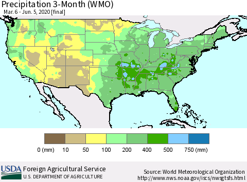 United States Precipitation 3-Month (WMO) Thematic Map For 3/6/2020 - 6/5/2020
