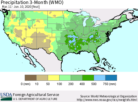 United States Precipitation 3-Month (WMO) Thematic Map For 3/11/2020 - 6/10/2020