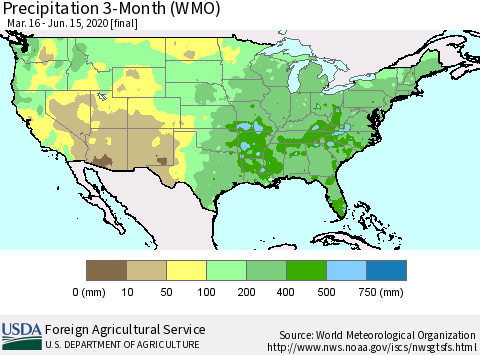 United States Precipitation 3-Month (WMO) Thematic Map For 3/16/2020 - 6/15/2020