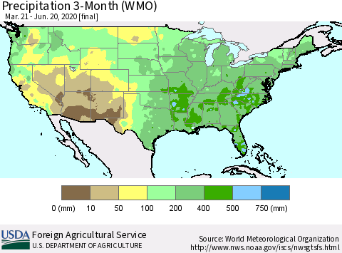 United States Precipitation 3-Month (WMO) Thematic Map For 3/21/2020 - 6/20/2020