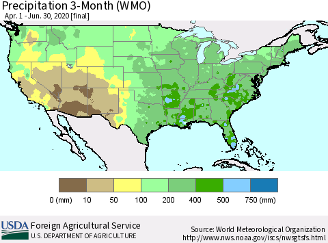 United States Precipitation 3-Month (WMO) Thematic Map For 4/1/2020 - 6/30/2020