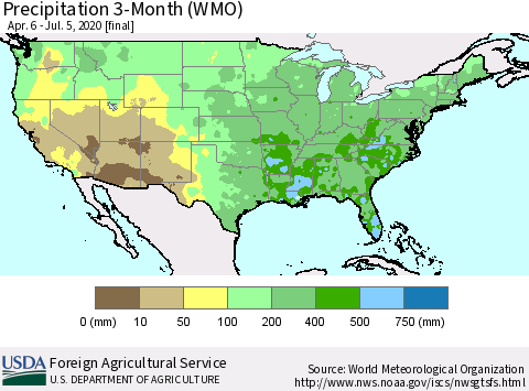 United States Precipitation 3-Month (WMO) Thematic Map For 4/6/2020 - 7/5/2020