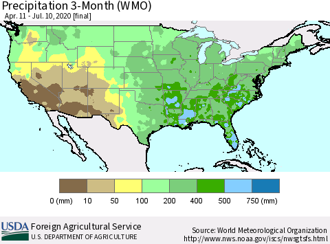 United States Precipitation 3-Month (WMO) Thematic Map For 4/11/2020 - 7/10/2020