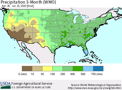 United States Precipitation 3-Month (WMO) Thematic Map For 4/26/2020 - 7/25/2020