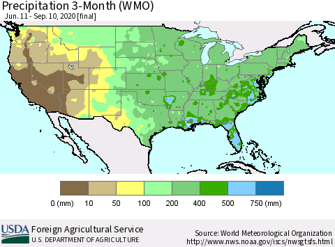 United States Precipitation 3-Month (WMO) Thematic Map For 6/11/2020 - 9/10/2020