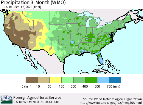 United States Precipitation 3-Month (WMO) Thematic Map For 6/16/2020 - 9/15/2020