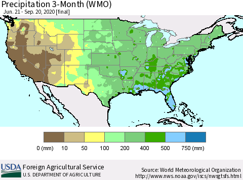 United States Precipitation 3-Month (WMO) Thematic Map For 6/21/2020 - 9/20/2020