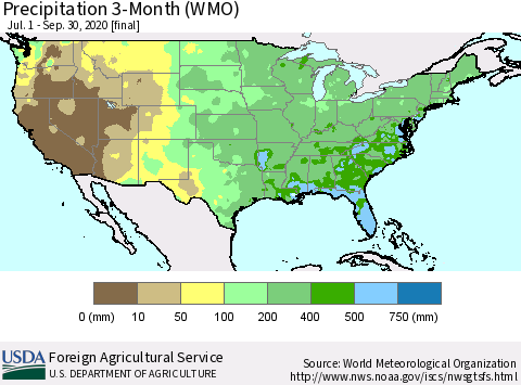 United States Precipitation 3-Month (WMO) Thematic Map For 7/1/2020 - 9/30/2020