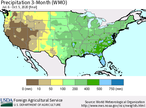 United States Precipitation 3-Month (WMO) Thematic Map For 7/6/2020 - 10/5/2020