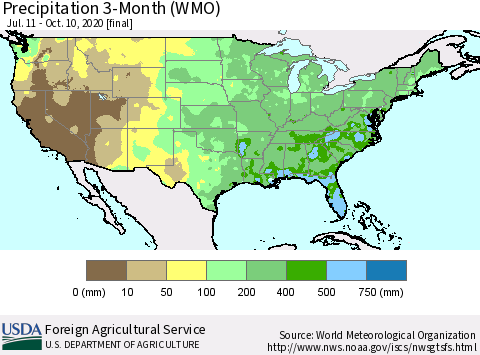 United States Precipitation 3-Month (WMO) Thematic Map For 7/11/2020 - 10/10/2020