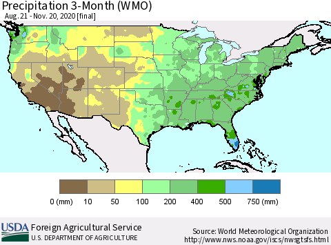 United States Precipitation 3-Month (WMO) Thematic Map For 8/21/2020 - 11/20/2020