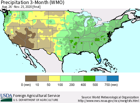 United States Precipitation 3-Month (WMO) Thematic Map For 8/26/2020 - 11/25/2020