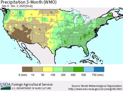 United States Precipitation 3-Month (WMO) Thematic Map For 9/6/2020 - 12/5/2020