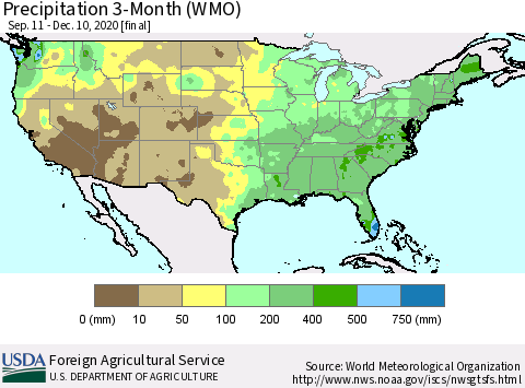 United States Precipitation 3-Month (WMO) Thematic Map For 9/11/2020 - 12/10/2020
