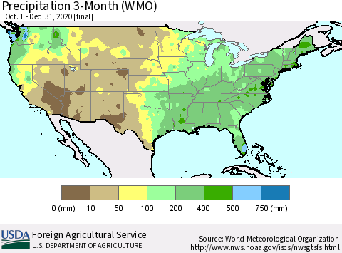 United States Precipitation 3-Month (WMO) Thematic Map For 10/1/2020 - 12/31/2020